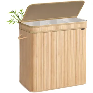 SONGMICS Wäschekorb mit Deckel, Wäschesammler Bambus, 150 Liter | Wäschesack herausnehmbar und maschinenwaschbar, mit Griffen, naturfarben, RONEX Kollektion LCB062N01
