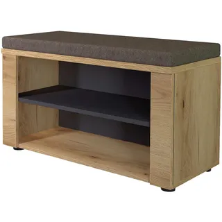 Fargo Sitzbank mit 2 offenen Fächern und Sitzkissen – FSC-Zertifiziert – Moderne Flurbank mit Stoffbezug in Graubraun meliert – 80 x 48 x 38 cm (B/H/T)