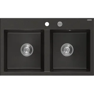 Mexen Hektor Granitspüle 2-Kammer 800 x 480 mm, schwarz/gold metallic, Chrom-Siphon - 6521802000-75 - Schwarz, Gold