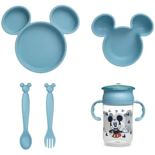 Thermobaby Disney Mickey Kindergeschirr-Set – unterteilter Teller – Schüssel – Löffel – Gabel und Tasse 360° – lustiges und praktisches Design für Baby-Mahlzeiten