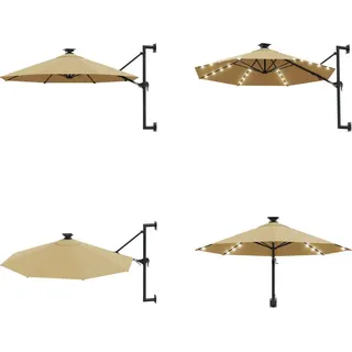 vidaXL Sonnenschirm Wandmontage mit LEDs und Metallmast 300 cm Taupe - Sonnenschirm - Sonnenschirme - Gartenschirm - Gartenschirme - Taupe