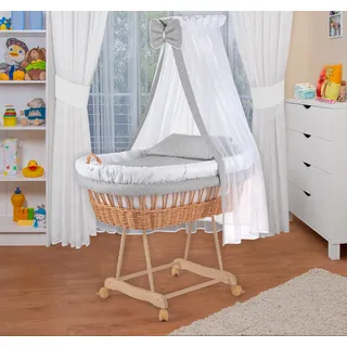 WALDIN Baby Stubenwagen-Set mit Ausstattung,XXL,Bollerwagen,komplett,weiß/Punkte weiß,Gestell natur - Weiß