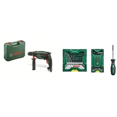 Bosch Schlagbohrmaschine UniversalImpact 700 (Zusatzhandgriff, Tiefenanschlag, Koffer, 700 Watt) + 25 + 15 + 1 Mini-X-Line Set plus Griff (für Metall, Holz, Stein, Zubehör Bohrmaschine)