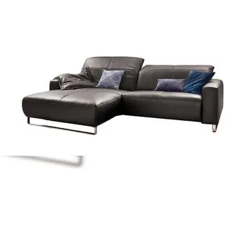 KAWOLA Sofa YORK Leder Life-line asphalt Rec links Fuß Metall Chrom matt mit Sitztiefenverstellung - Grau