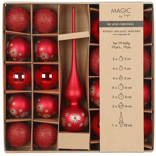 MAGIC by Inge - Weihnachtskugeln Set 19-teilig Merry Red, mit Christbaumspitze und Kugeln, Christbaumschmuck Glas