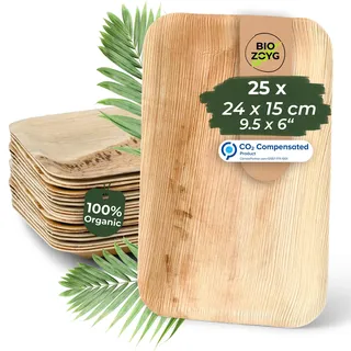 BIOZOYG Einwegteller 25 Stück 24 x 15 cm - Palmblatt Teller Wegwerfgeschirr rechteckig & kompostierbar - Einweg Partygeschirr, Alternative zu Plastiktellern