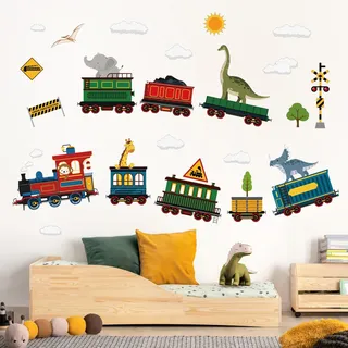decalmile Wandtattoo Zug Tiere Wandaufkleber Elefant Giraffe Dinosaurier Wandsticker Junge Kinderzimmer Babyzimmer Spielzimmer Wanddeko