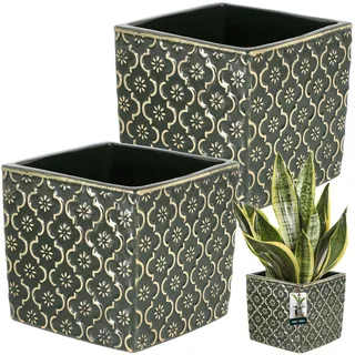 KOTARBAU® Keramik Blumentopf Quadratisch Vintage Dunkel Grün 13x13cm H: 13cm Glasierte Keramik 2 St. Viereckig Pflanzkübel Drinnen Pflanzgefäß