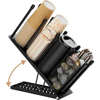 Ovicar Tassen- und Deckelhalter – Verstellbarer Kaffeebecherhalter, Organizer, 4 Fächer, Einweg-Tassenspender mit Kaffeepad-Strohhalm, Aufbewahrungskorb für Kaffeestation, Bar, Arbeitsplatte