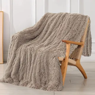 Tuddrom Extraweiche Kunstfell-Decke, Doppelbett-Größe, 203,2 x 228,6 cm, einfarbig, wendbar, flauschig, gemütlich, Langhaardecke, Plüsch-Fleece, Mikrofaser, Felldecke für Sofa, Bett, Khaki