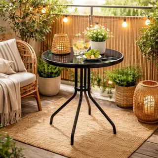 Gartentisch Bistrotisch Rund Ø60xH70cm Glas/Metall schwarz Balkontisch - Schwarz
