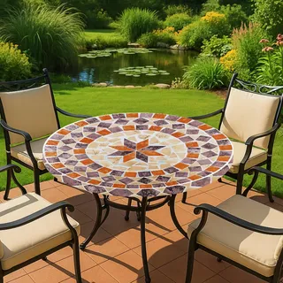 Maximex Spann-Tischdecke XL rund Ø 85 – 105 cm, mediterranes Motiv, abwischbare Gartentischdecke mit Gummizug, wetterfest, UV-beständig, für Garten, Balkon und Camping, Kunststoff
