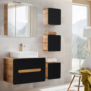 Badmöbel-Set seidenmatt anthrazit mit Wotaneichn NEW-LUTON Keramik-Waschbecken & LED-Spiegelschrank, B/H/T ca. 130/200/46 cm - Grau