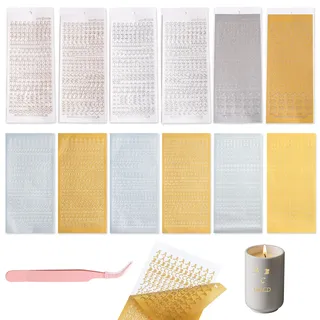 JNYUTEEN 12 Blatt Wachsbuchstaben für Kerzen, Goldene und Silberne Buchstaben für Kerzen Aufkleber, Sticker Buchstaben Zahlen und Kerzenaufkleber Stickers für Taufkerze DIY Basteln Grußkarten