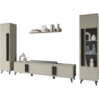 Mirjan24 Wohnwand Helsinki II mit weißer LED Beleuchtung , Beige, Graphitfarben , Kunststoff , Rechteckig , 180x70x33 cm , Wohnzimmer, Wohnwände