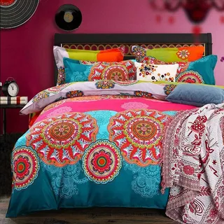Freyamy Boho Bettwäsche Set 135x200 Indishes Design Mandala Bohemian Style Bettbezug 100% Mikrofaser Rosa Pink Türkis Wendebettwäsche mit Kissenbezug 80x80 cm Reißverschluss