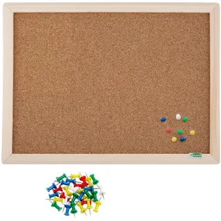 D.RECT SET Kork-Pinnwand mit Holzrahmen mit mehrfarbig Reißnagel 35 Stk., Reißzwecken, Korktafel Naturrahmen, 30 x 40 cm, 800103