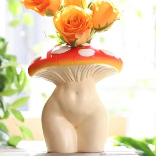 AmiCera Vase mit Pilz DamenköRper für Blumen, Einzigartige Pilzdekoration, Eklektische Vasen mit Hintern In Damenform für Blumen, Funky Gesicht Ästhetische Deko, Farbverlaufskopf und Elfenbeinkörper