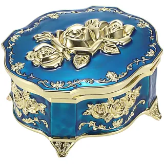 SUMTree Vintage Music Box Blau Schmuckbox Musical Jewelry Box Metall Keepsake Box Retro Spieldose Schmuckkästen Schmuckkiste für Ring Armband Ohrringe Damen Herren Geschenk Geburtstag Valentinstag