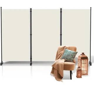 Fiqops Raumteiler auf Rollen 3 Teilig 263x181 cm, Paravent Outdoor Wetterfest und Trennwand für Büros, Balkon - Beige