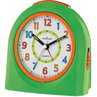 Atrium Kinderwecker Jugendwecker Analog Quarz mit Licht, Snooze & schleichende Sekunde - leise ohne Ticken - Lernwecker für Jungen & Mädchen - Geschenk Schule & Geburtstag Grün Orange A921-3