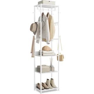 VASAGLE Kleiderständer, Garderobenständer mit Kleiderstange und Haken, Garderobe mit Ablagen, Stahlrahmen, für Kleidung, Taschen, Hüte, wolkenweiß RCR061WC02