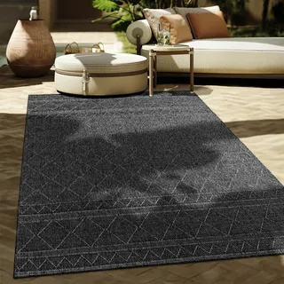 Outdoor Teppich Flachgewebe modern Boho Ethno wetterfest Außenbereich Grösse 80x250 cm - Grau