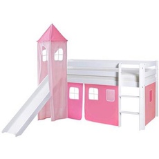 Bild Hochbett Kasper mit Rutsche und Turm 90 x 200 cm Kiefer massiv weiß rosa/pink