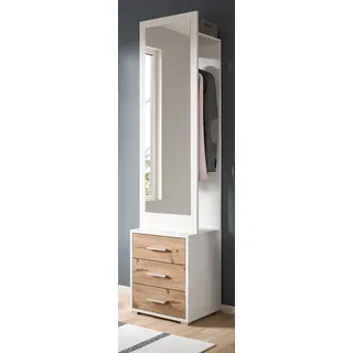 Kompaktgarderobe "Pallas" in weiß und Eiche Garderobe mit Spiegel 45 x 190 cm - Weiß, Naturbelassen