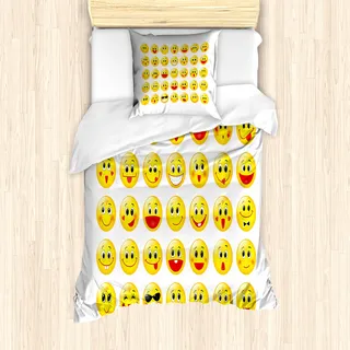 ABAKUHAUS Emoticon Mantele, Lustige gelbe Rundköpfe, Milbensicher Allergiker geeignet mit Kissenbezügen, 135 cm x 200 cm - 80 x 80 cm, Gelb Rot Schwarz - Gelb