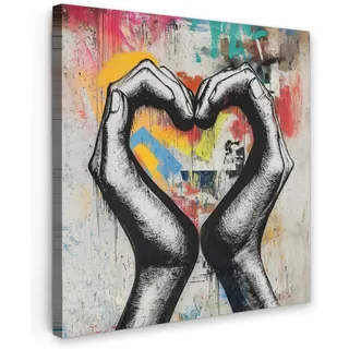 MuchoWow Leinwandbild Hände - Herz - Straßenkunst - Graffiti Deko Groß 90x90 cm , Multicolor , Textil , Kiefer , Abstrakt , Quadratisch , 90x90 cm , FSC 100% , gerahmt , Bilder & Rahmen, Bilder, Leinwandbilder
