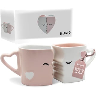 MIAMIO - Kaffeetassen/Küssende Tassen Set Geschenke für Frauen/Männer/Freund/Freundin zur Hochzeit/Weihnachten aus Keramik (Rosa)