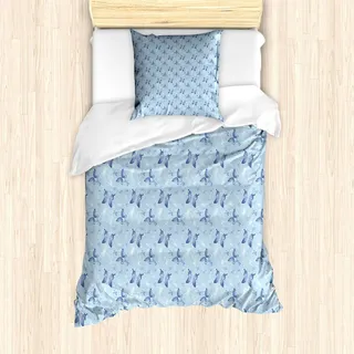 ABAKUHAUS Schmetterling Bettbezug Set, Blaue Farbe mit Libellen-Blumenanordnung wirbelt Kurven-Frühling, 135 x 200 cm + 80 x 80 cm, Blau Hellblau Weiß