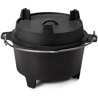 Grillfürst Dutch Oven ca. 6 Liter - stabil stehender Feuertopf durch speziell entwickelte T-Füße, hitzebeständiger Gusseisen Topf, Deckel als Pfanne nutzbar, mit Pflegepaste, Deckelheber + Kochlöffel
