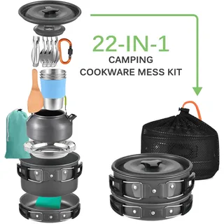 Camping Kochgeschirr Set, 21 Teile, tragbare Aluminium Kochtöpfe, für 3 Personen, Outdoor-Camping, Wanderung, Überlebensausrüstung