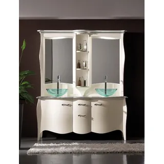 Klassischer Waschbecken Doppelt Waschtisch Holz Unterspülschrank Stand Spiegel - Weiß