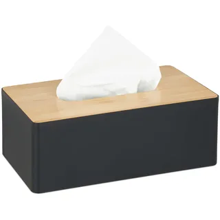 Relaxdays Tücherbox mit Deckel aus Bambus, fürs Bad, modernes Design, Kunststoff, HxBxT: 10 x 26 x 14 cm, schwarz/Natur
