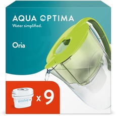 Aqua Optima Oria Wasserfilterkanne & 9 x 30 Tage Evolve+ Wasserfilterkartusche, 2,8 Liter Fassungsvermögen, zur Reduzierung von Mikroplastik, Chlor, Kalk und Verunreinigungen, Grün