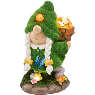 TERESA'S COLLECTIONS Gartenzwerge Gartendeko für Draußen,20cm Wetterfest Figur mit Solarleuchte,Blumenpflücken Gartenfiguren draußen aus Kunstharz,Garten Deko Solar