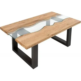 Casa Padrino Designer Massivholz Wildeiche Couchtisch mit Sicherheitsglas Natur 115cm x H. 45cm - Salon Wohnzimmer Tisch