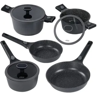 STONELINE SMART Pfannen Töpfe Set 8-teilig ☆ REDESIGN 25/26 ☆ Aluguss Topfset mit Deckel, Abnehmbarer Griff, Kochtopf Pfanne Induktion, Alle Herdarten, Antihaftbeschichtet Echte Steinpartikel, Grau