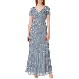 Maya Deluxe Damen Maxi Womens Ladies Embellished Sequin Dress Long Short Sleeve V Neck High Empire Waist A Cut Shiny Prom Wedding Brautjungfernkleid, Dusty Blue,48