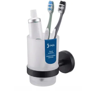 joeji's Zahnbürstenhalter Wand Schwarz Stahl – Milchglasbecher, ohne Bohren | Badezimmer Becherhalter Wand Zahnbürsten Aufbewahrung Wand Badezimmer Zubehör Set Glas Badezimmer Organizer Matte Badezimmer