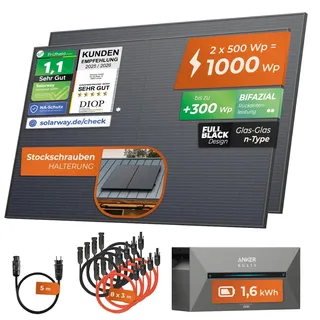Solarway® 1000Wp / 800W Balkonkraftwerk mit 1,6 kWh Speicher komplett Steckdose - 1,6 kWh Anker SOLIX 2 PRO Speicher