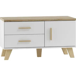 Furniture24 Tv Schrank Lotta, Wohnzimmerschrank, Schrank, Fernsehenschrank, Lowboard, Unterschrank mit 2 Schubkästen, Skandinavisch, Briliant Weiß - Weiß