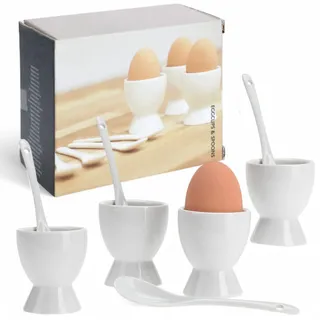 MIJOMA Eierbecher Set 8-teilig – 4 Eierbecher & 4 Eierlöffel – Hochwertiges Porzellan – Klassisches Design – Spülmaschinenfest