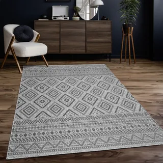Outdoor Teppich Flachgewebe modern Boho Ethno wetterfest Außenbereich Grösse 80 cm Rund - Grau