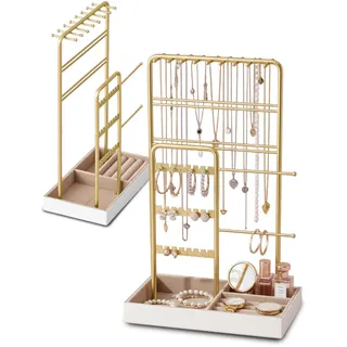 Avilia Schmuckkästchen aus Metall mit Tablett aus weichem Samt für Damen, ideal als Halskettenhalter und Ohrringhalter, modernes und funktionales Design für Schlafzimmer und Schminktisch