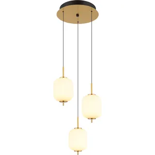 Globo Lighting Hängeleuchte Metall messingfarben, Metall schwarz matt, Glas opal, Kabel PVC schwarz, Höhenverstellbar, mit Soft-Lift Höhenverstellung, ø: 375mm, H: 2200mm, höhenverstellbar von 55 cm bis 220 cm, inkl. LED 20W 230V, 2360lm Source, 1483lm Output, 3000K - Gold