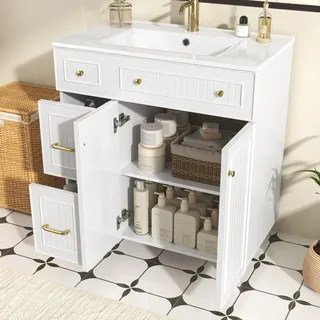 STILVORA Waschtischunterschrank mit Keramikwaschbecken, Badschrank mit Schubladen & Tür, lackierte Oberfläche & Massivholzfüße, Badezimmermöbel für Bad & Gäste-WC, Weiß - Weiß